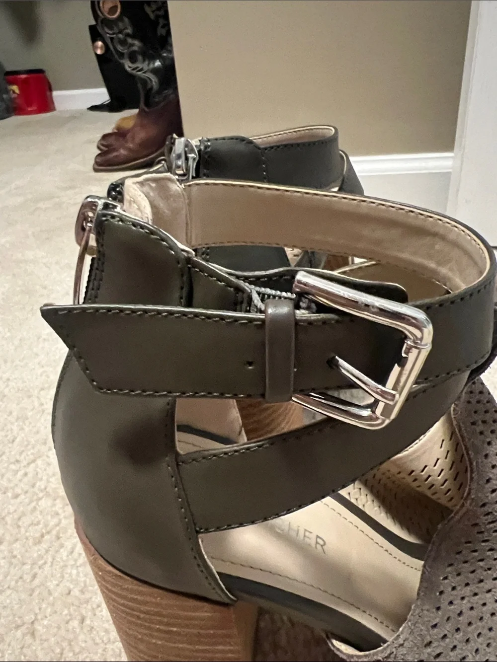 Marc Fisher Olive Green Perforated Open-Toe Block Heel Sandals